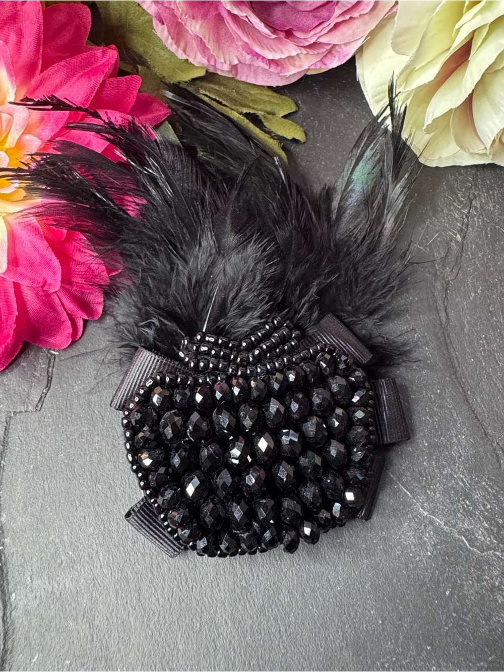 Elegant Black Beaded Feather Brooch Hair Piece Fascinator - Women Jewelry